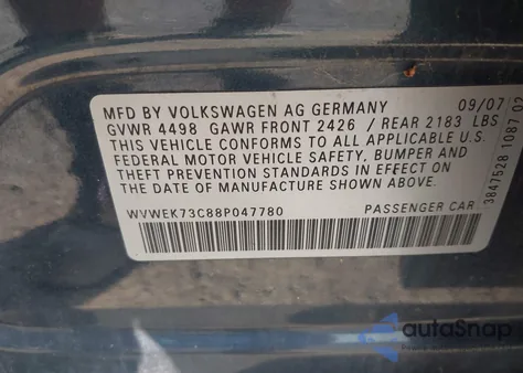 2008 Volkswagen Passat Lux из США, поврежденный, VIN WVWEK73C88P047780